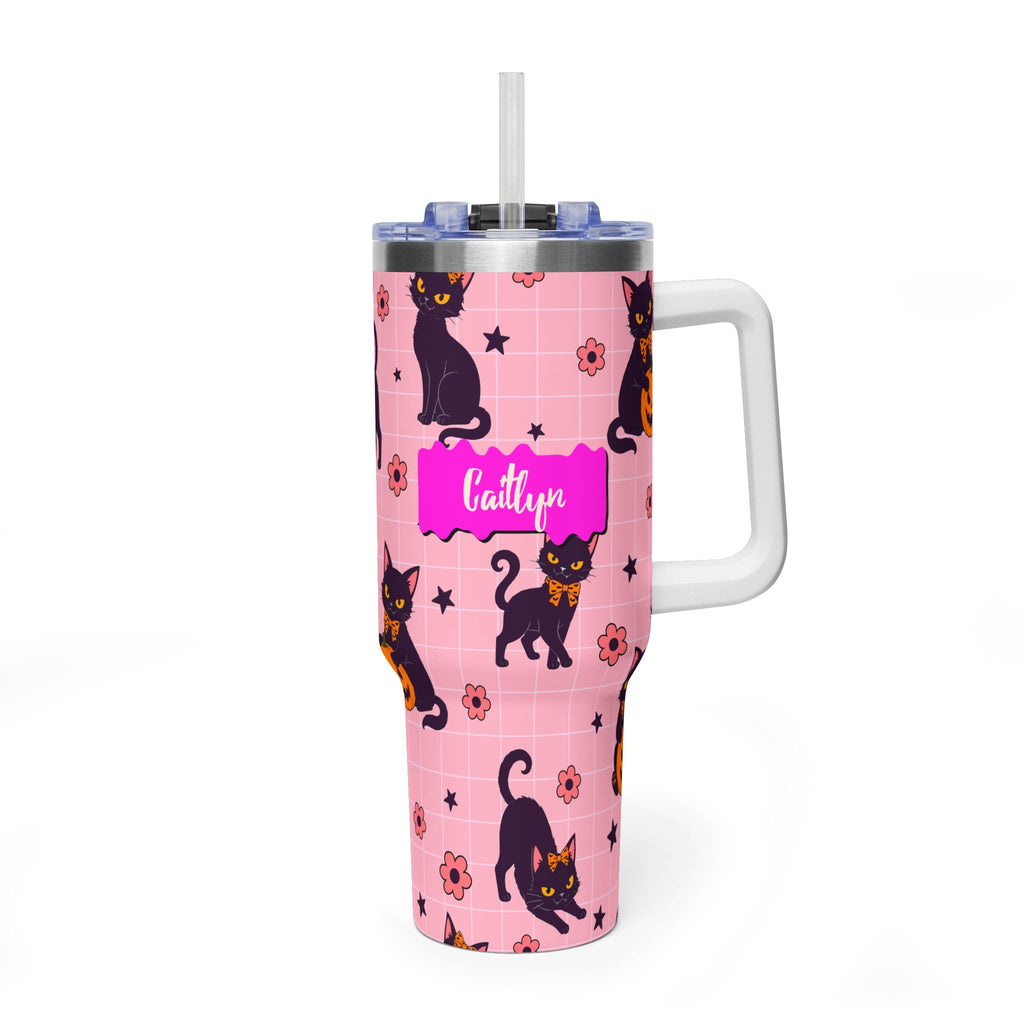 Personalized 40oz Tumbler with Handle - Halloween Black Cat Custom Name
