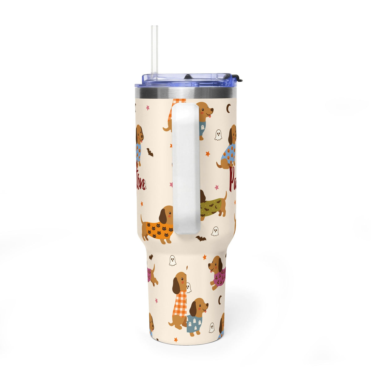 Personalized 40oz Tumbler with Handle - Halloween Dachshund Custom Name
