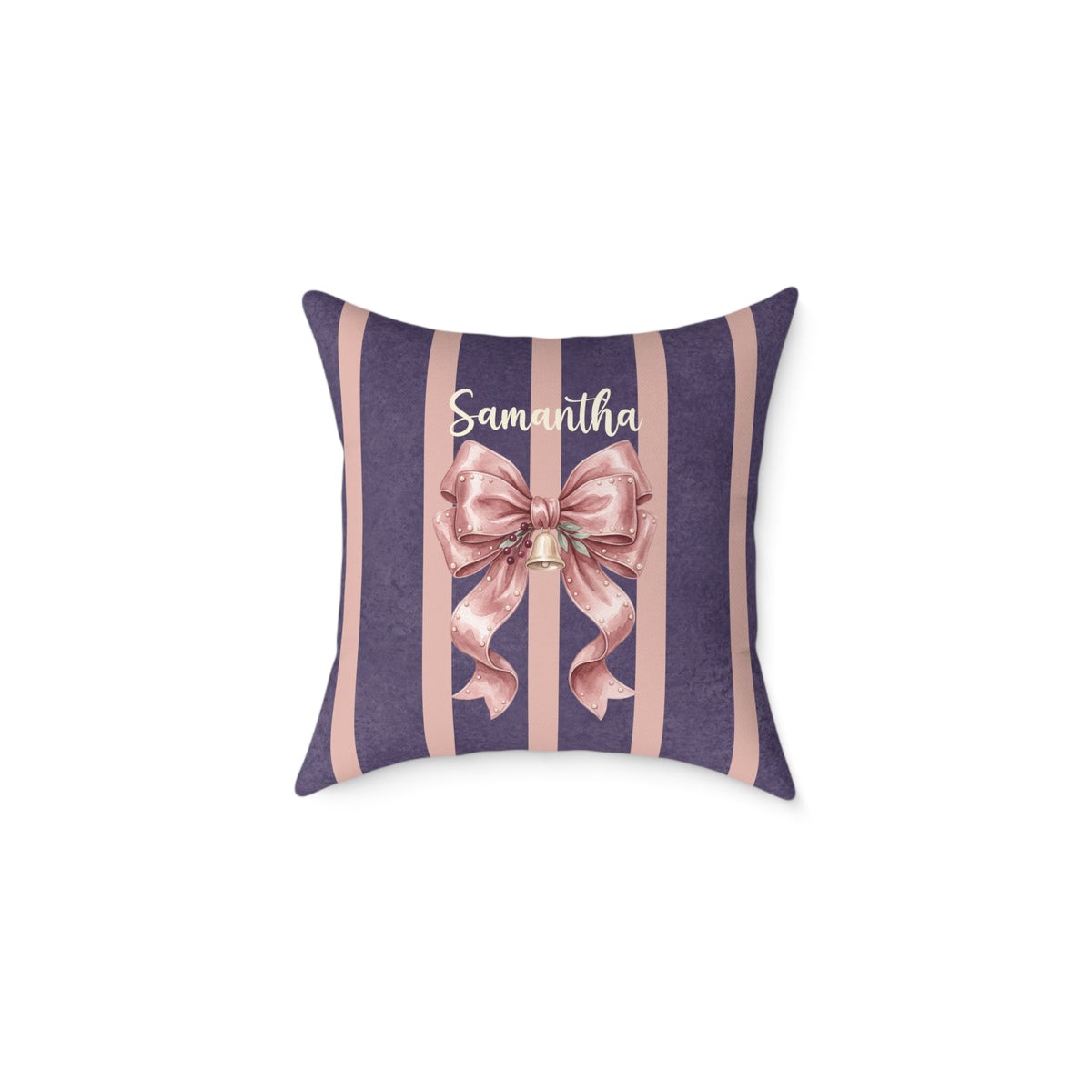 Personalized pink bow name pillow on plum stripes, product photo