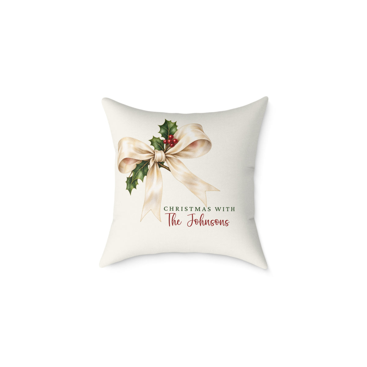 Personalized cream bow and holly family name Christmas pillow, product photo