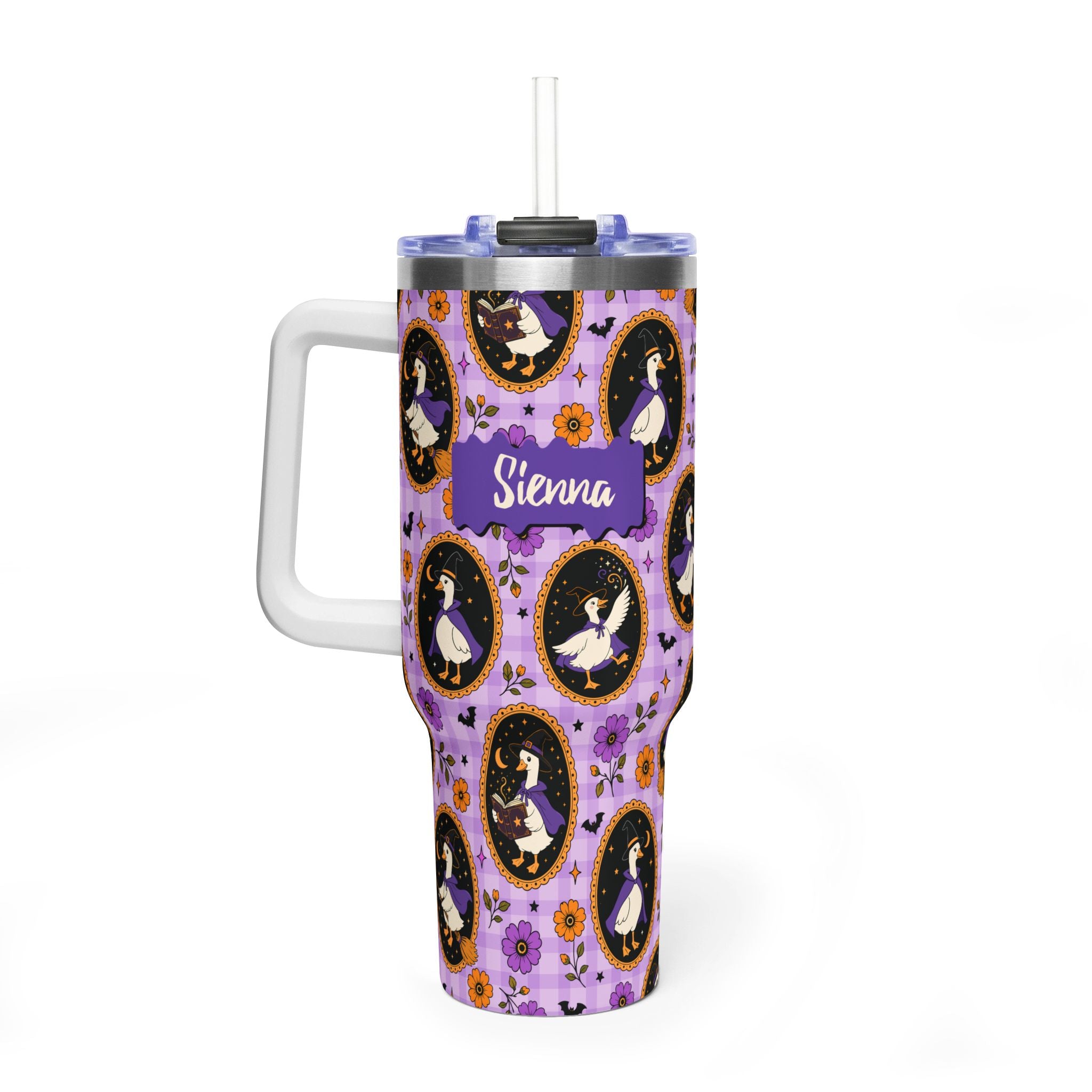 Personalized 40oz Tumbler with Handle - Halloween Witchy Goose Custom Name