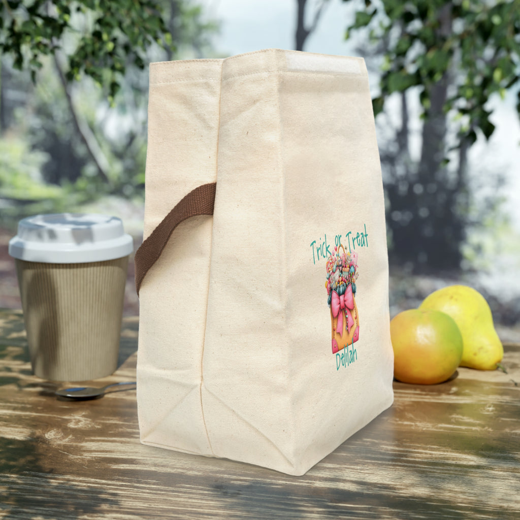 Personalized Trick or Treat Candy Tote Canvas Lunch Bag - Teal Bow