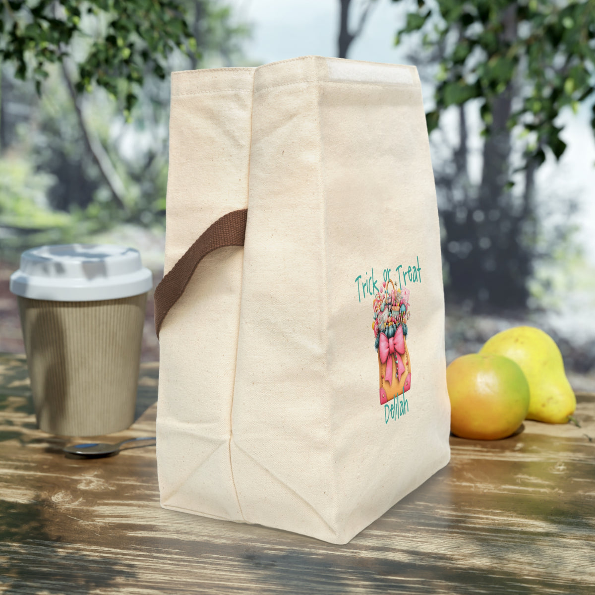 Personalized Trick or Treat Candy Tote Canvas Lunch Bag - Teal Bow