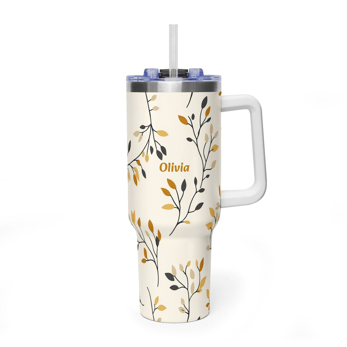 Personalized 40oz Tumbler with Handle - Autumn Leaf Branch Custom Name