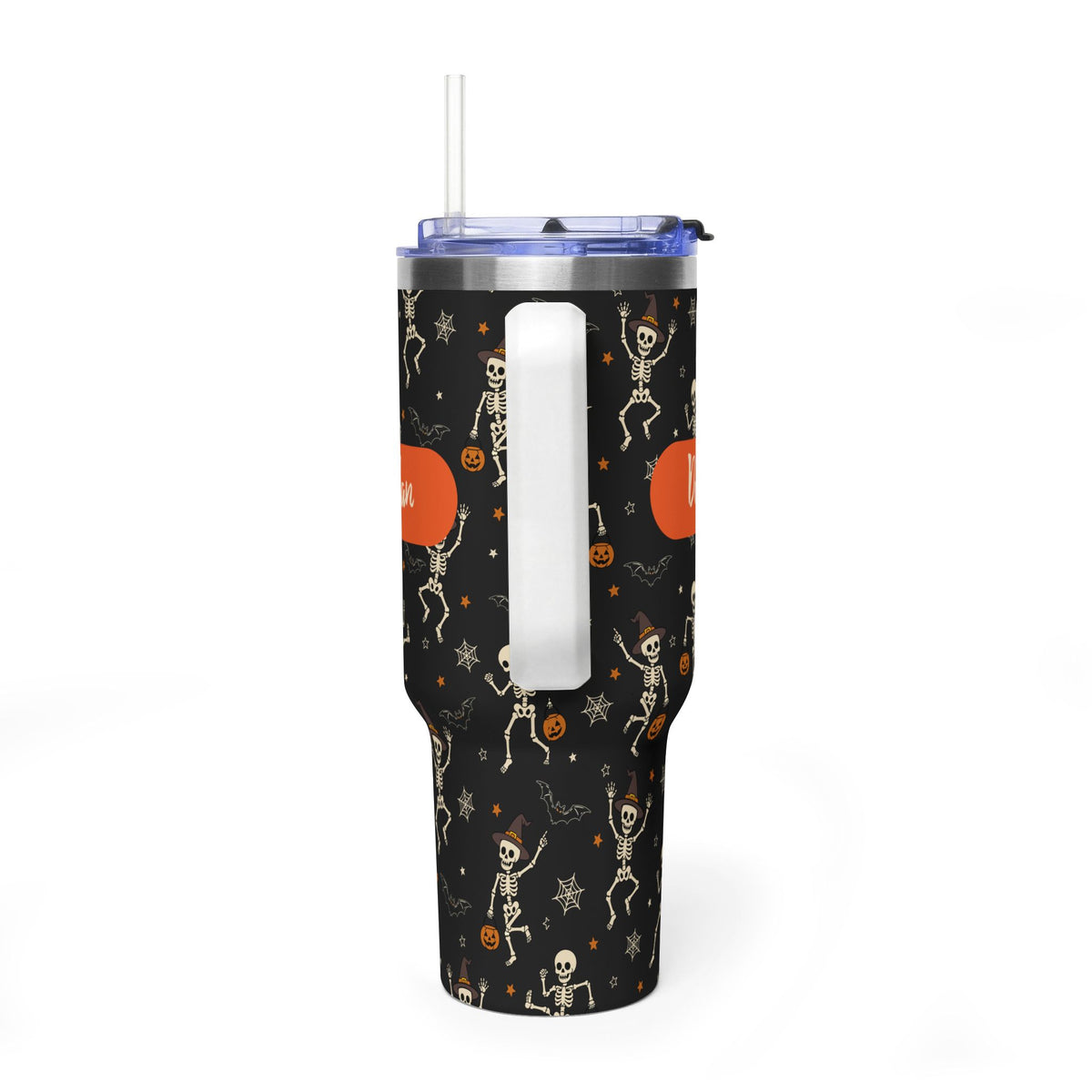 Personalized 40oz Tumbler with Handle - Halloween Dancing Skeleton Custom Name