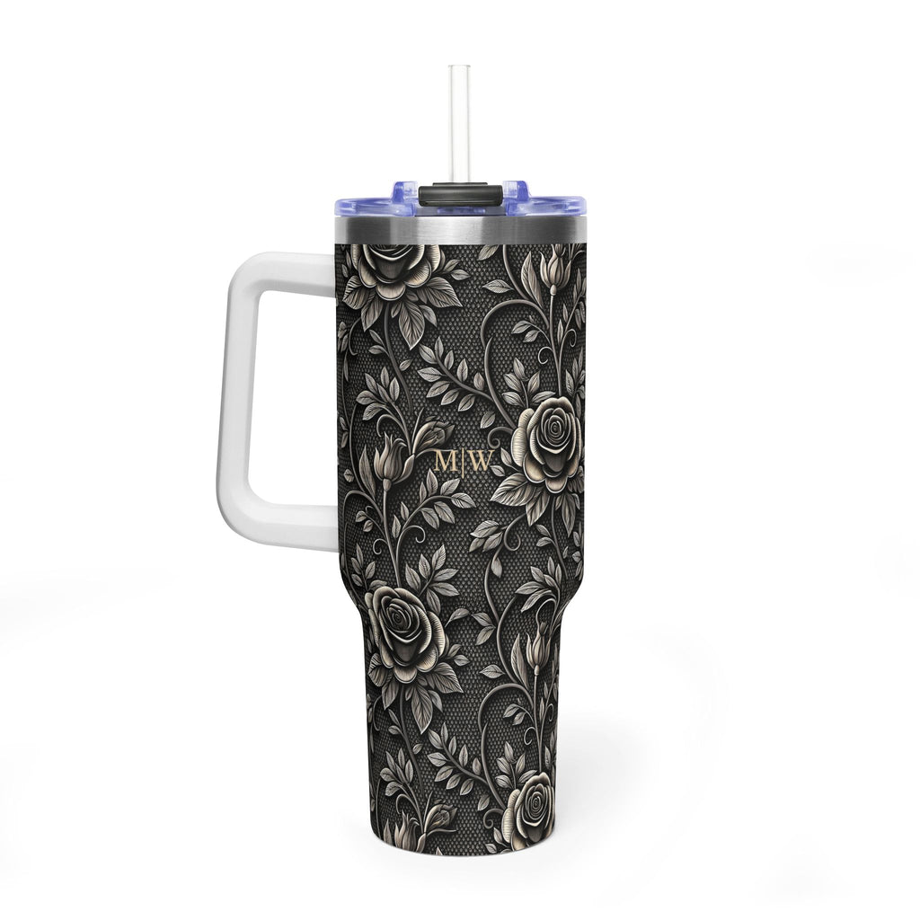 Personalized 40oz Tumbler with Handle - Gothic Lace Rose Custom Initials