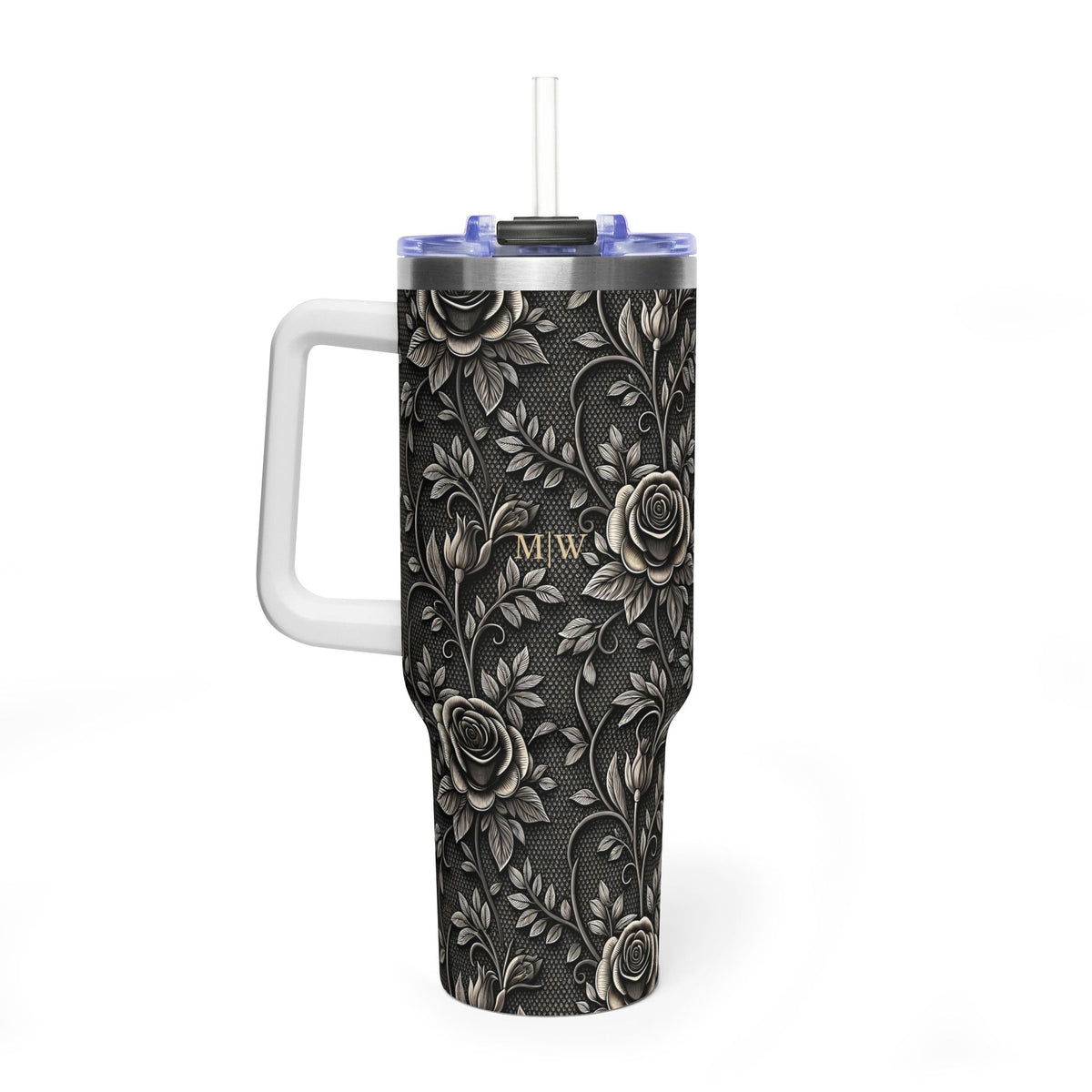 Personalized 40oz Tumbler with Handle - Gothic Lace Rose Custom Initials