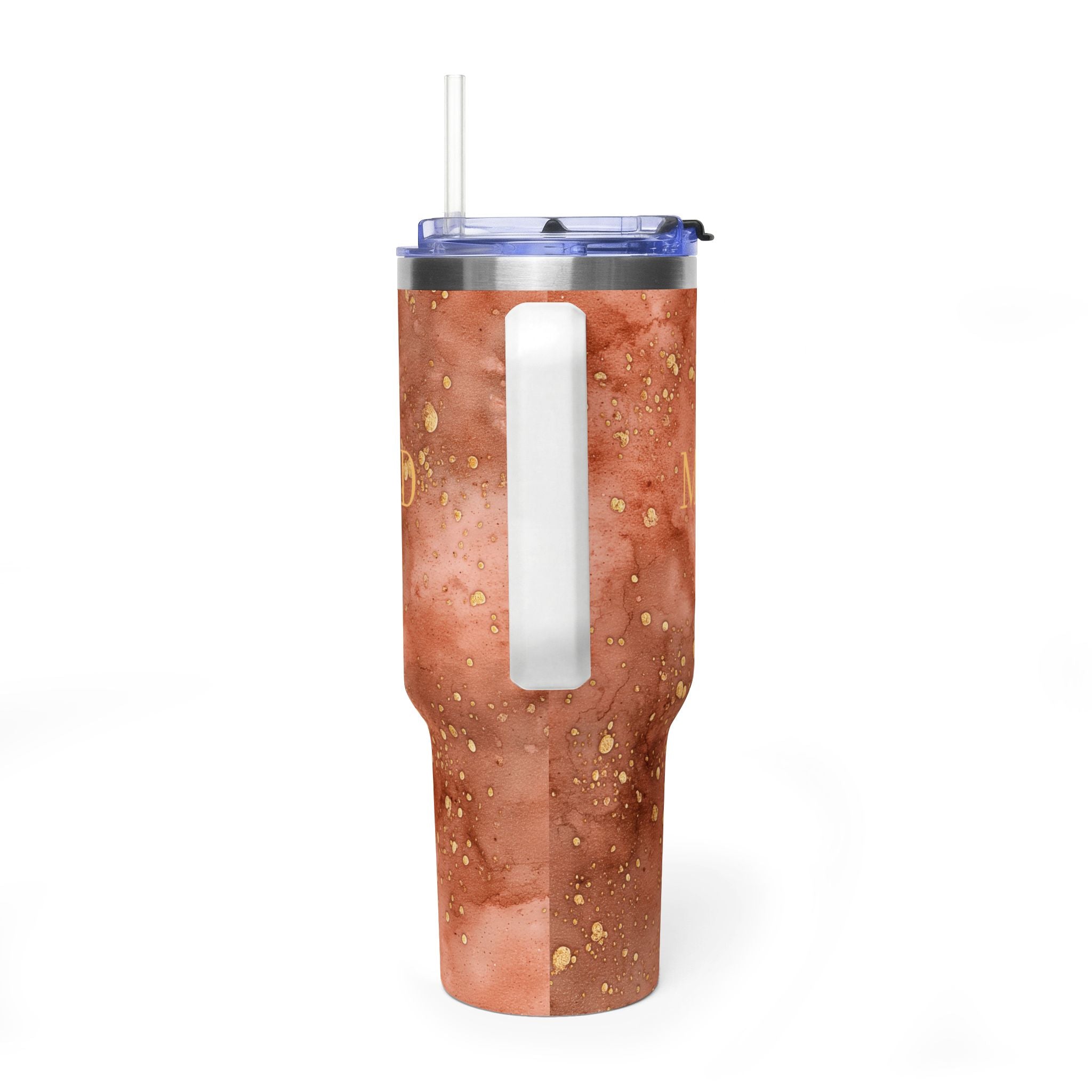 Personalized 40oz Tumbler with Handle - Rust Marble Custom Initials