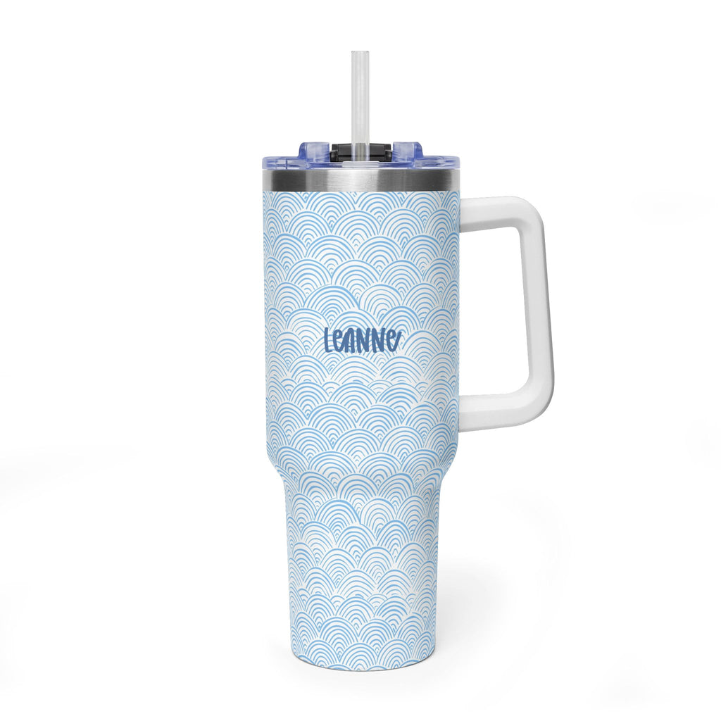 Personalized 40oz Tumbler with Handle - Blue Scallop Wave Custom Name