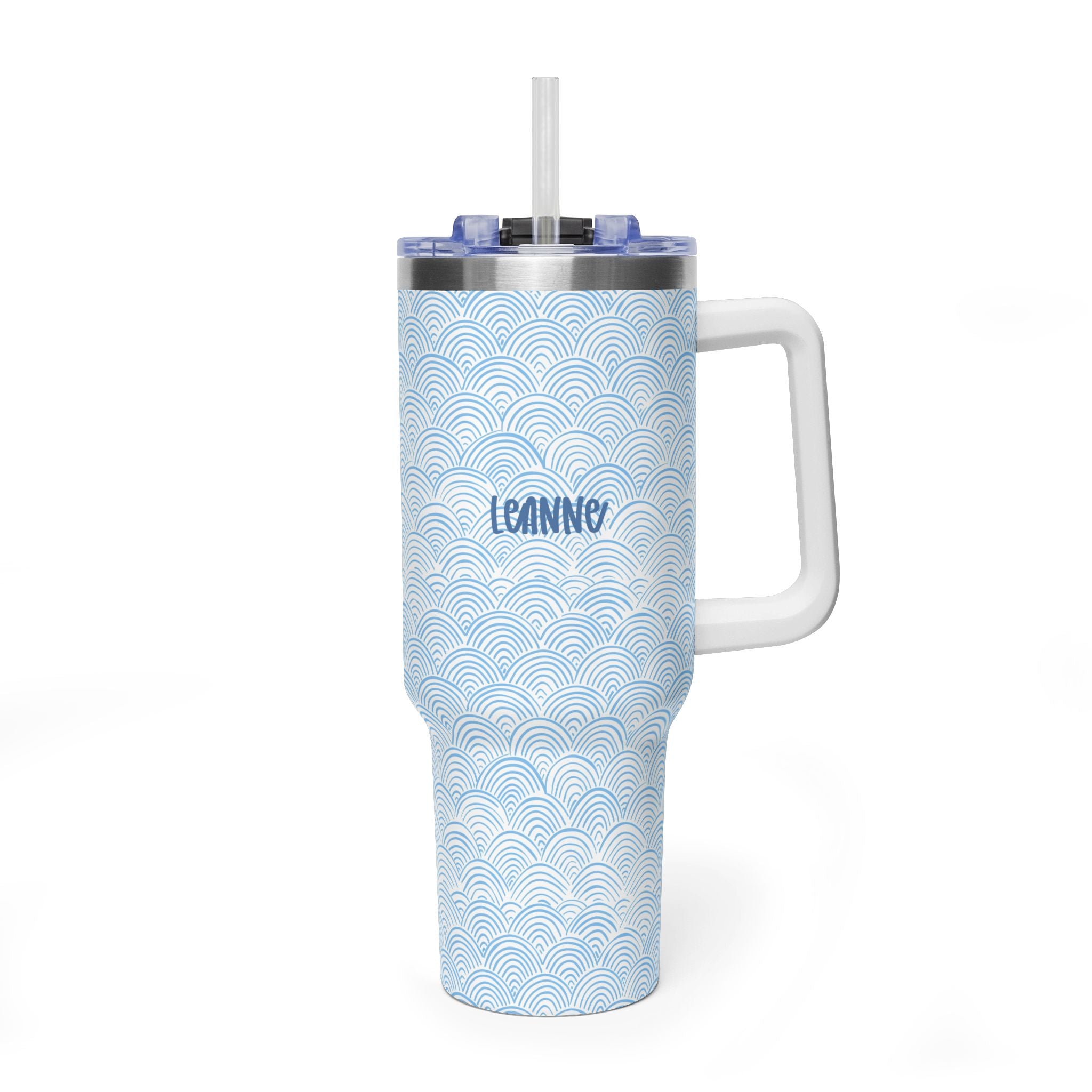 Personalized 40oz Tumbler with Handle - Blue Scallop Wave Custom Name
