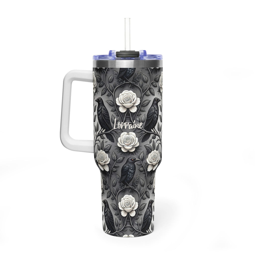 Personalized 40oz Tumbler with Handle - Gothic Raven Rose Custom Name