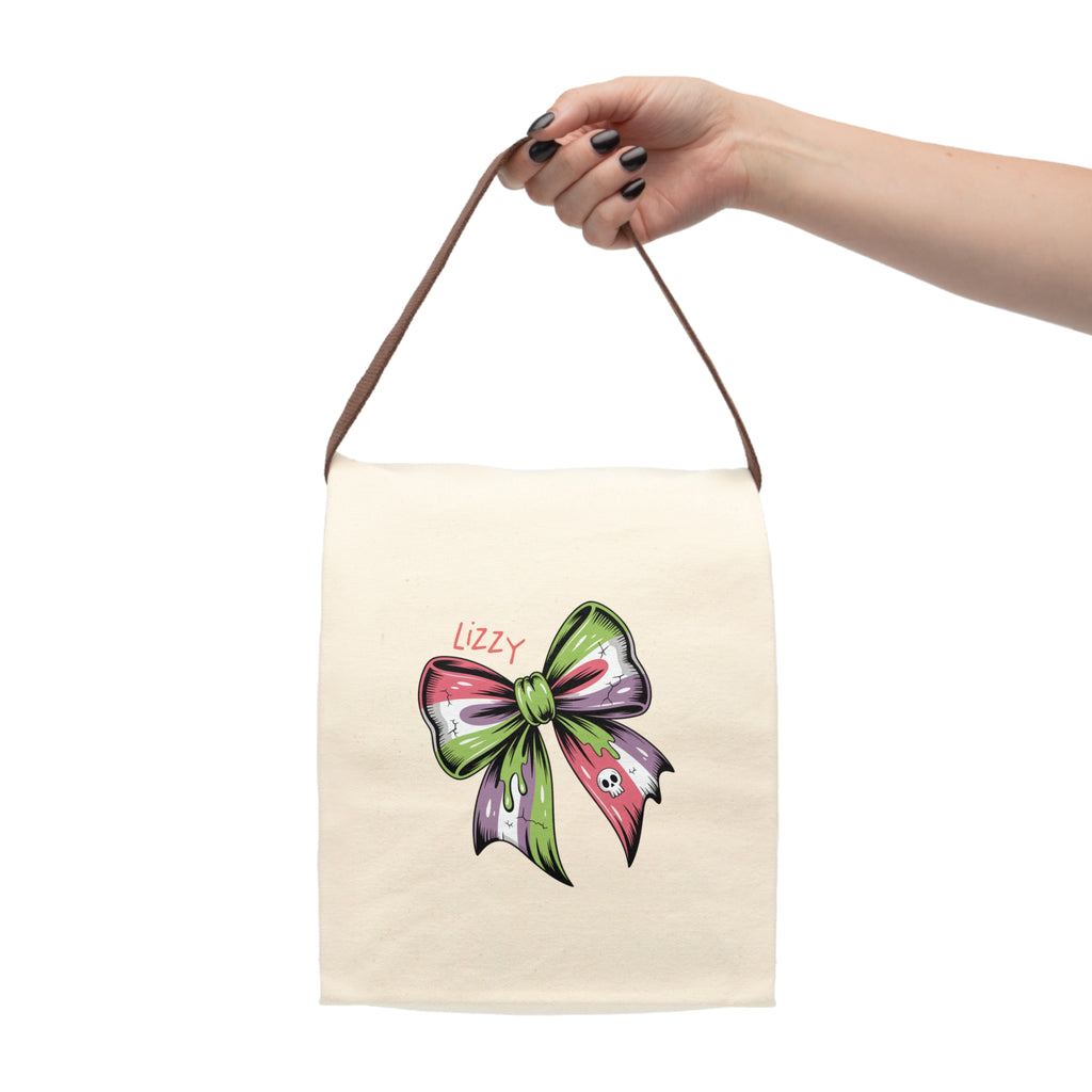 Personalized Halloween Skull Bow Canvas Lunch Bag - Green Red