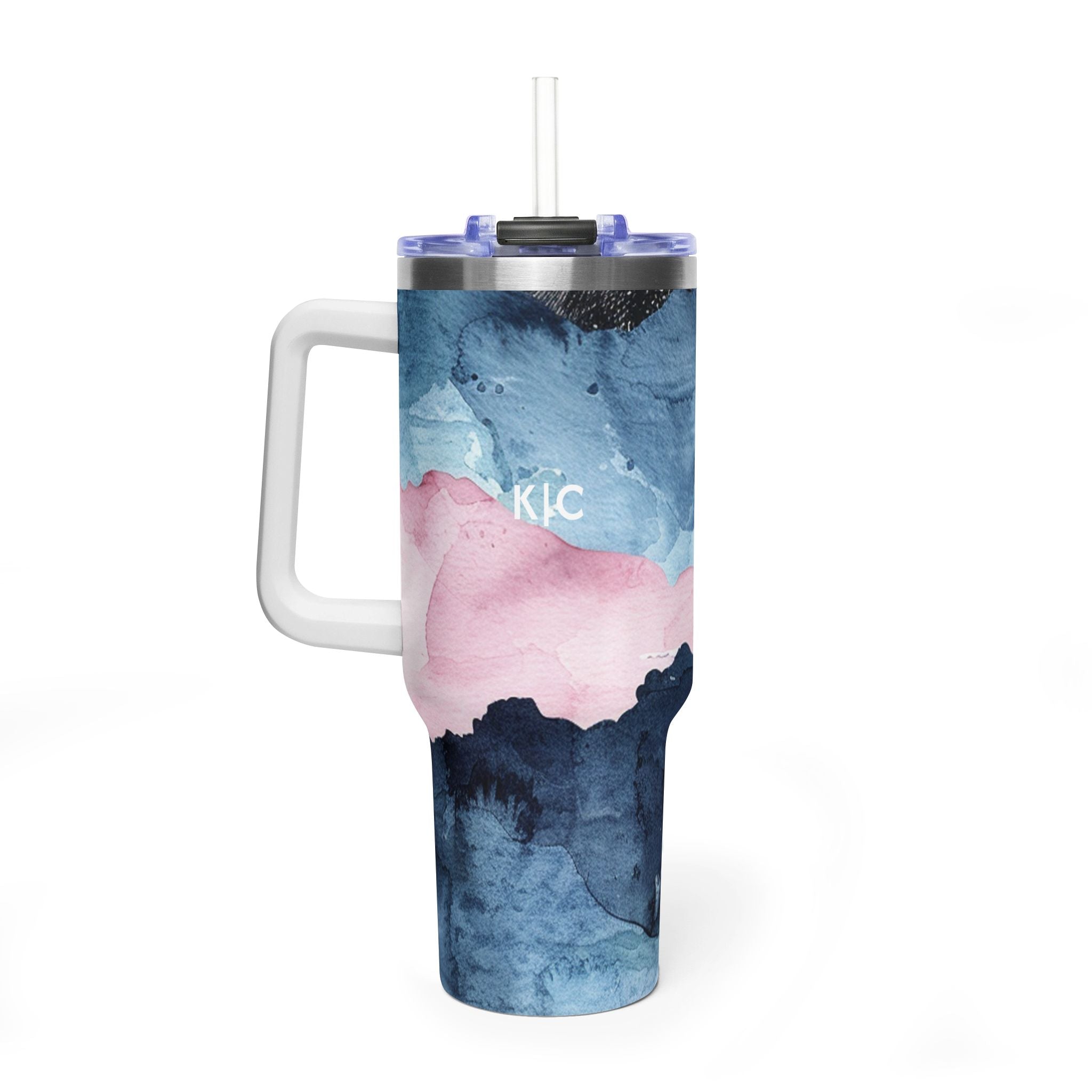 Personalized 40oz Tumbler with Handle - Blue Pink Abstract Custom Initials