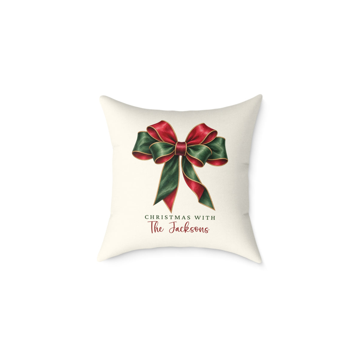 Personalized red and green bow family name Christmas pillow, product photo