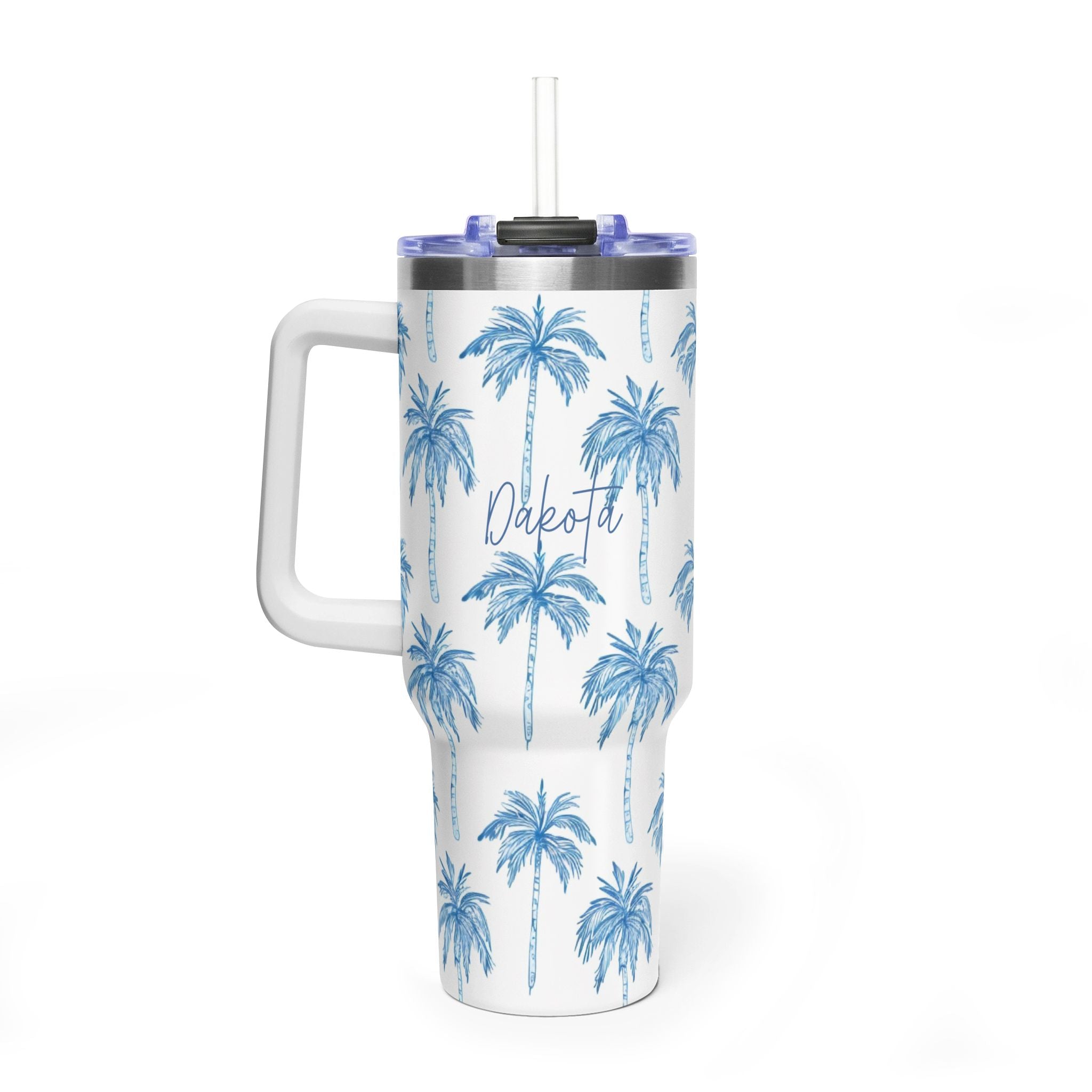 Personalized 40oz Tumbler with Handle - Blue Palm Tree Custom Name