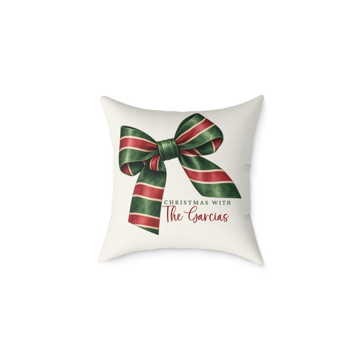 Personalized striped ribbon bow family name Christmas pillow, product photo