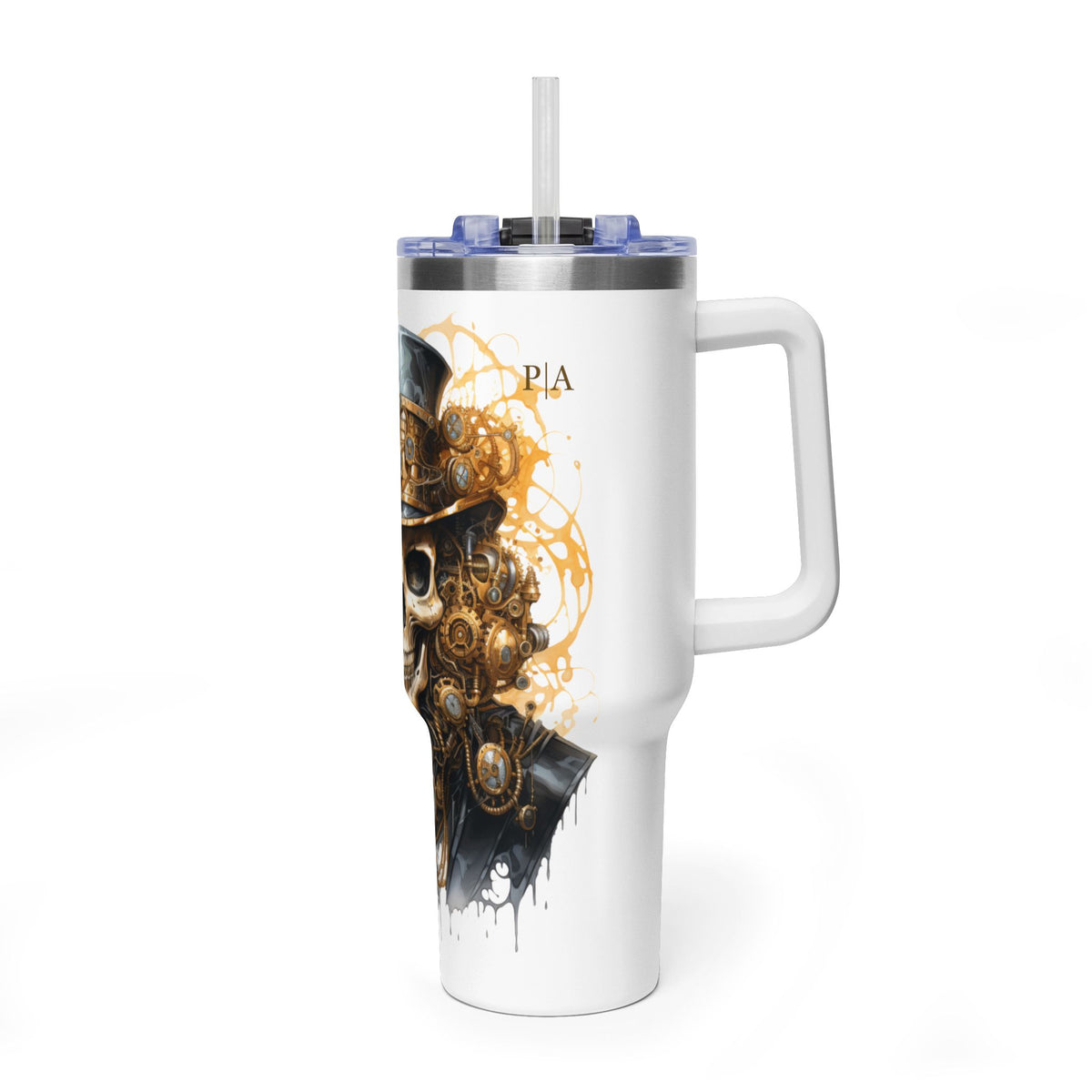 Personalized 40oz Tumbler with Handle - Steampunk Skull Custom Initials