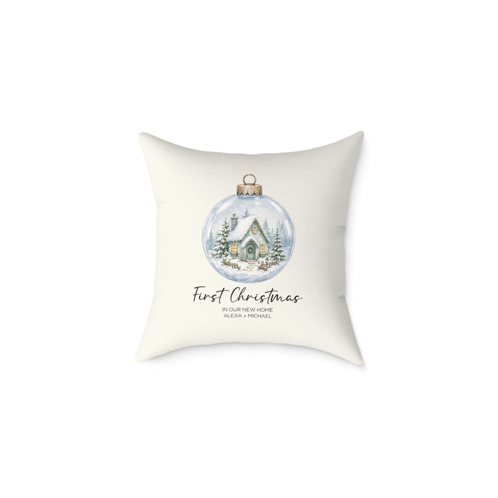 Personalized first Christmas in our new home snow globe pillow, product photo