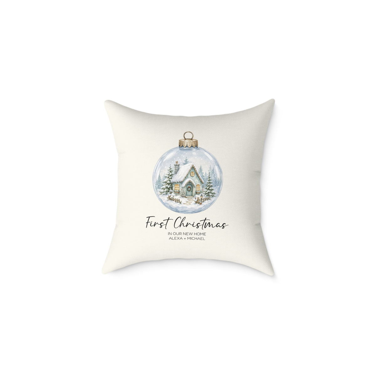 Personalized first Christmas in our new home snow globe pillow, product photo