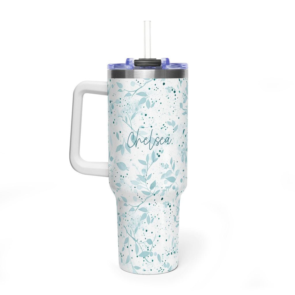 Personalized 40oz Tumbler with Handle - Sage Watercolor Leaf Custom Name