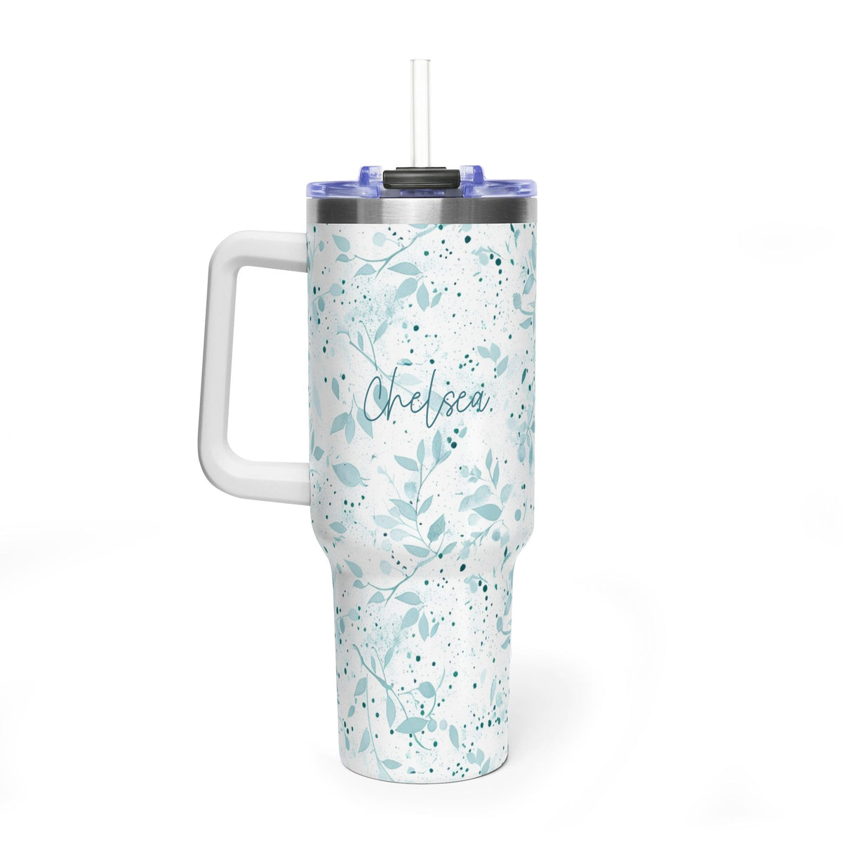 Personalized 40oz Tumbler with Handle - Sage Watercolor Leaf Custom Name