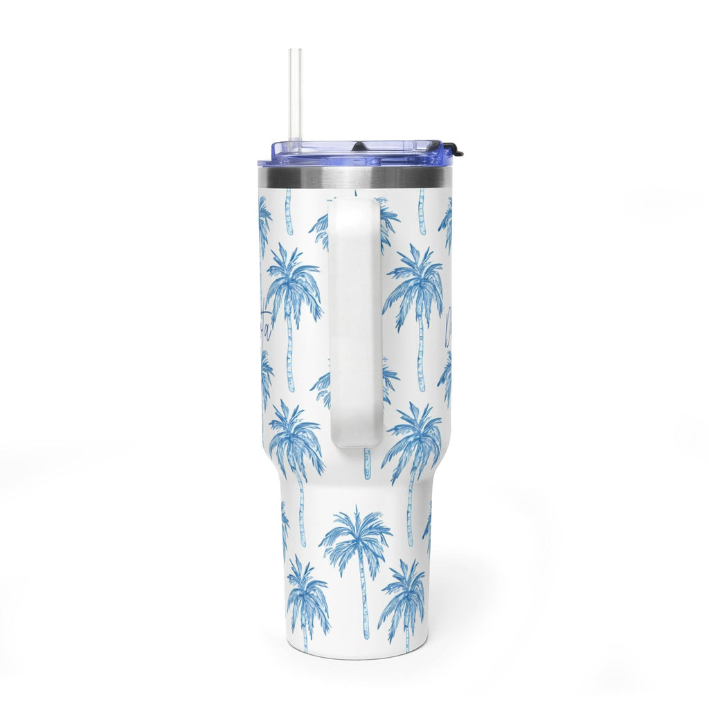 Personalized 40oz Tumbler with Handle - Blue Palm Tree Custom Name