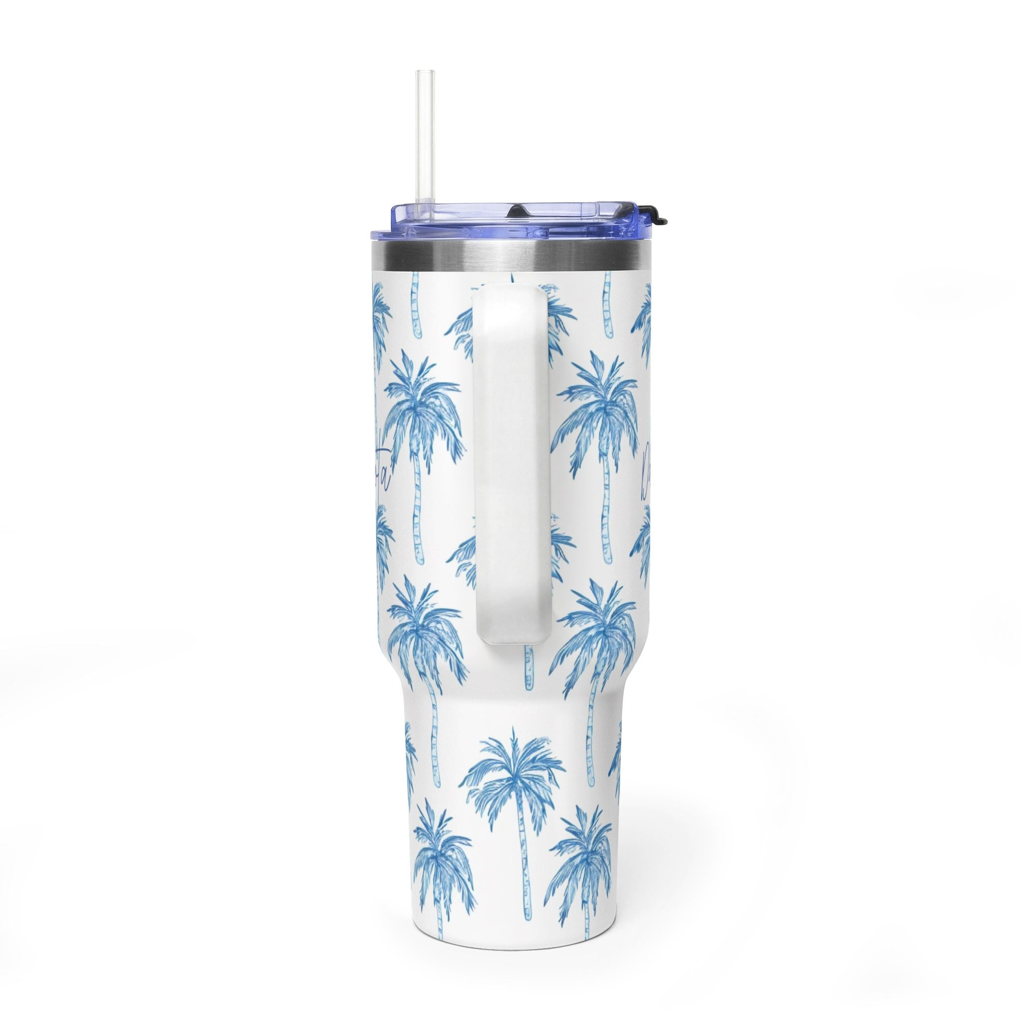Personalized 40oz Tumbler with Handle - Blue Palm Tree Custom Name