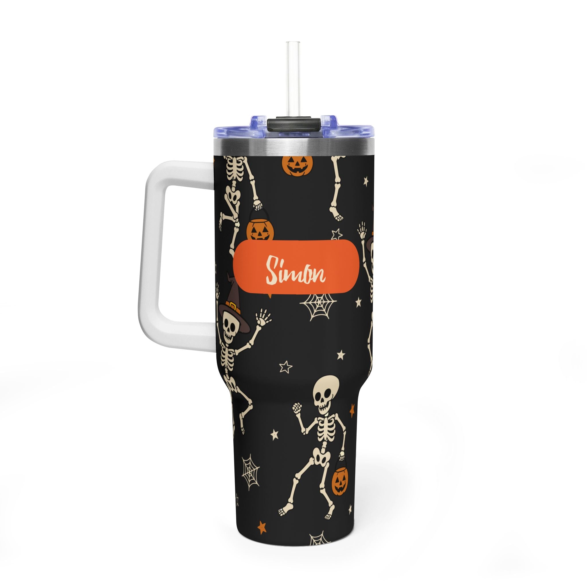 Personalized 40oz Tumbler with Handle - Halloween Skeleton Custom Name