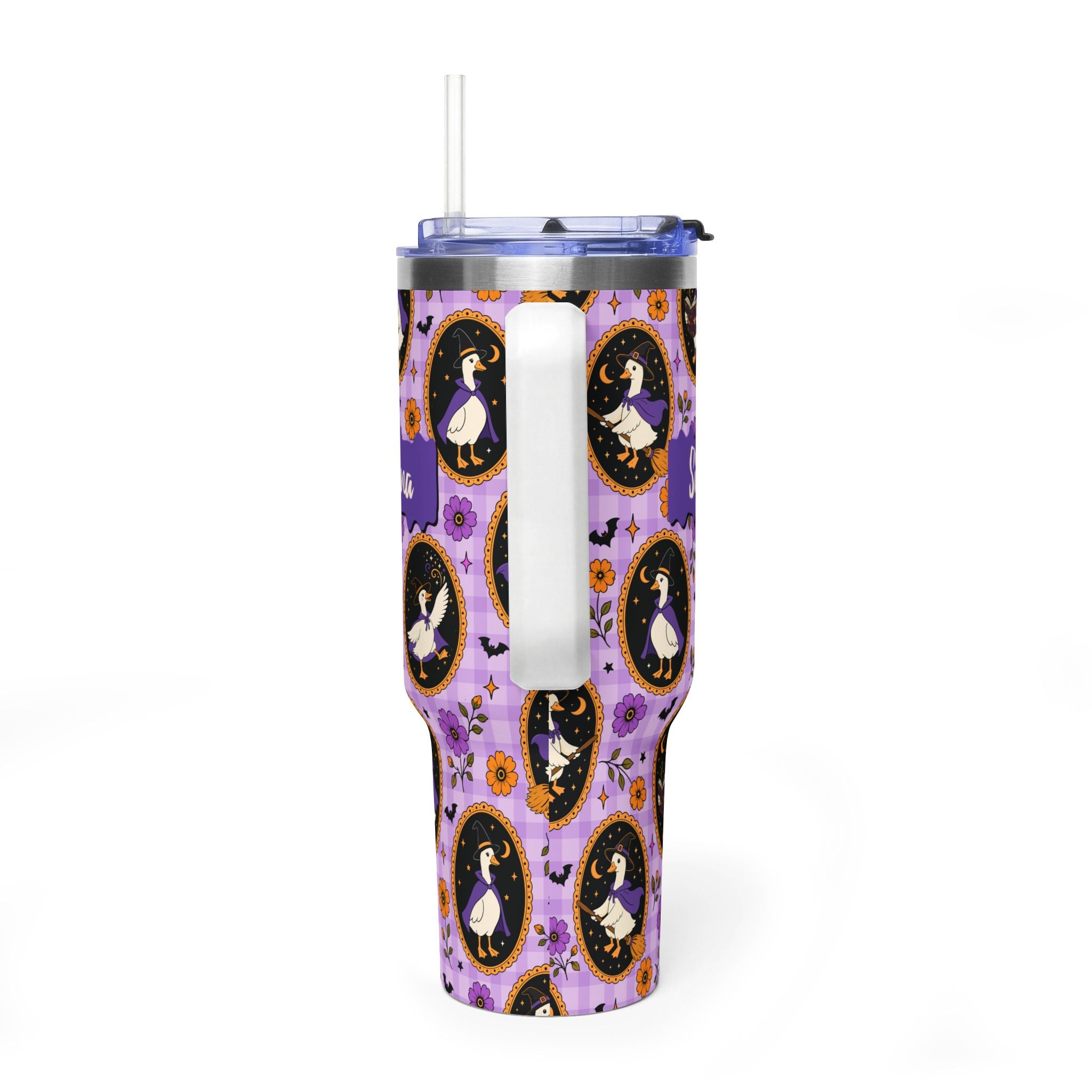 Personalized 40oz Tumbler with Handle - Halloween Witchy Goose Custom Name