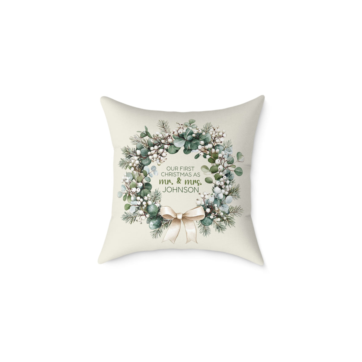 Personalized first Christmas as Mr and Mrs winter white wreath pillow, product photo