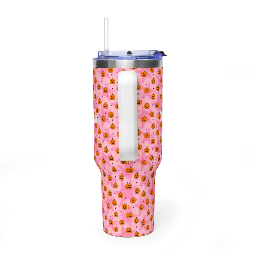 Personalized 40oz Tumbler with Handle - Pink Halloween Pumpkin Custom Name