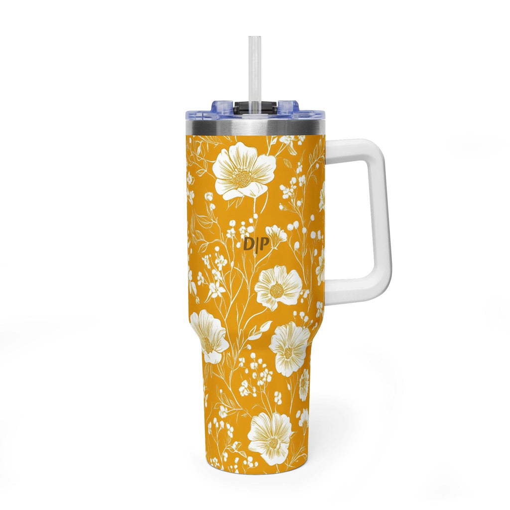 Personalized 40oz Tumbler with Handle - Mustard Wildflower Custom Initials