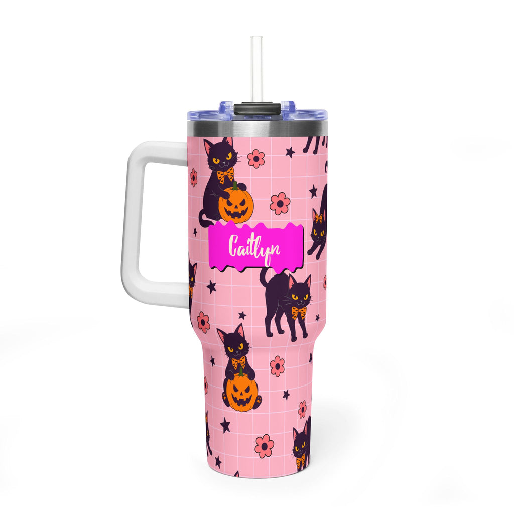 Personalized 40oz Tumbler with Handle - Halloween Black Cat Custom Name