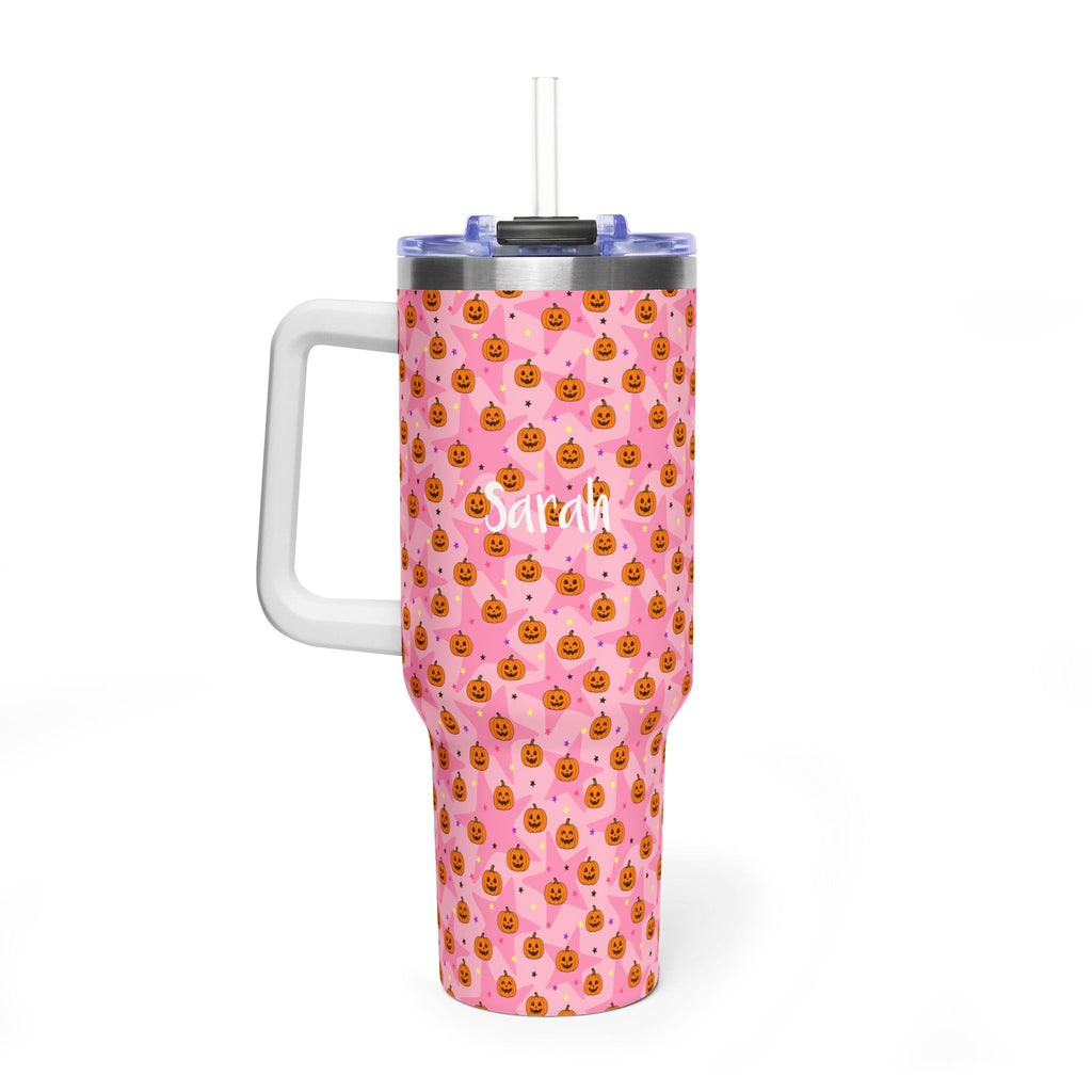 Personalized 40oz Tumbler with Handle - Pink Halloween Pumpkin Custom Name