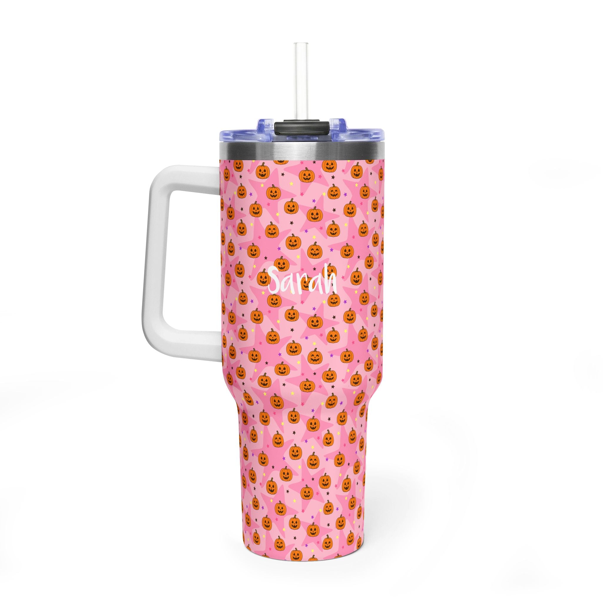 Personalized 40oz Tumbler with Handle - Pink Halloween Pumpkin Custom Name