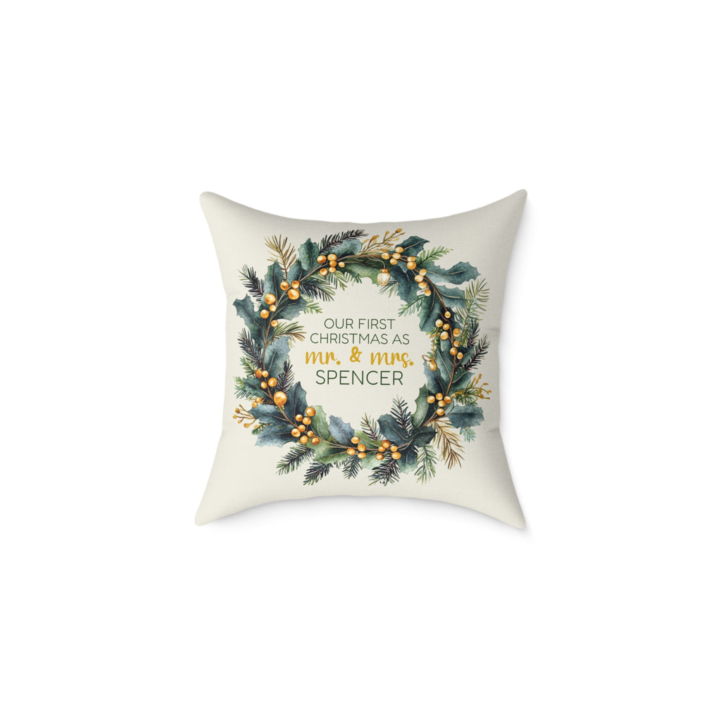 Personalized first Christmas as Mr and Mrs gold berry wreath pillow, product photo