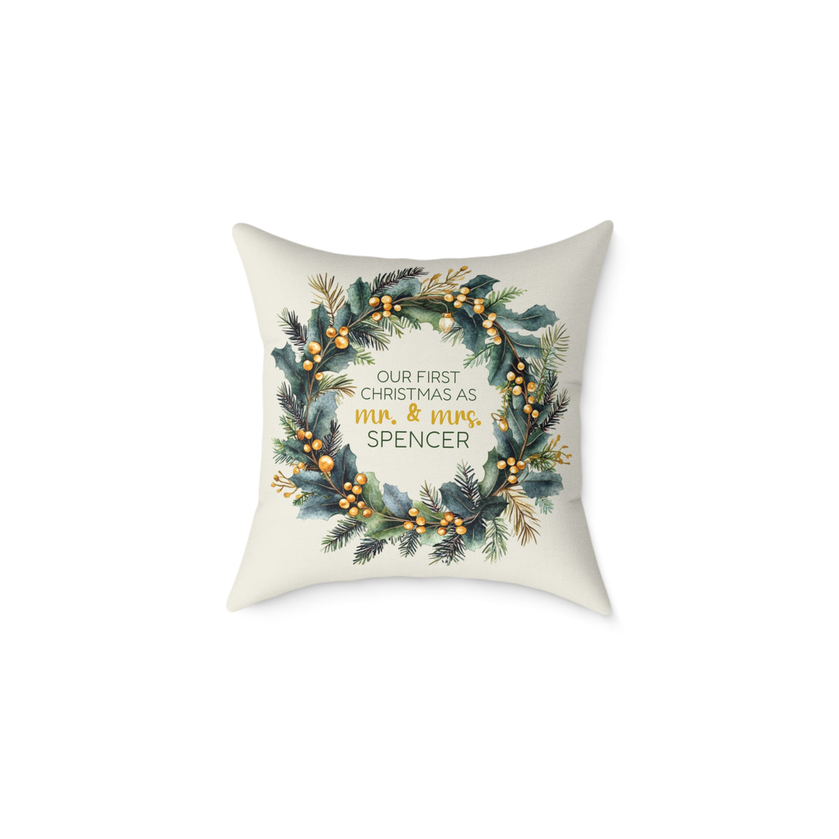 Personalized first Christmas as Mr and Mrs gold berry wreath pillow, product photo