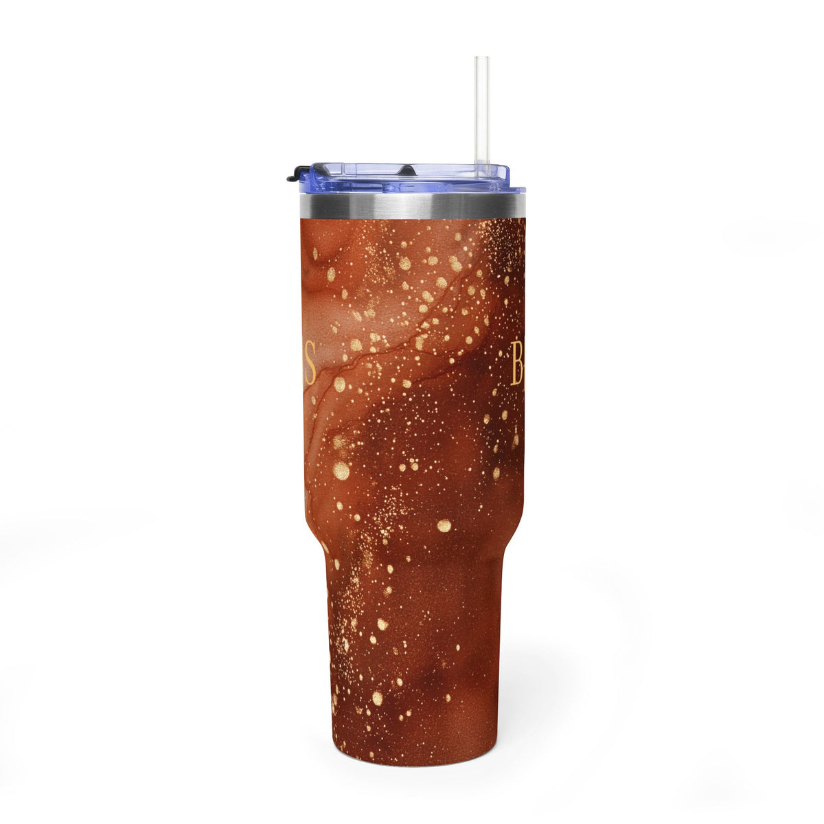 Personalized 40oz tumbler with terracotta marble design and gold flecks, custom initials