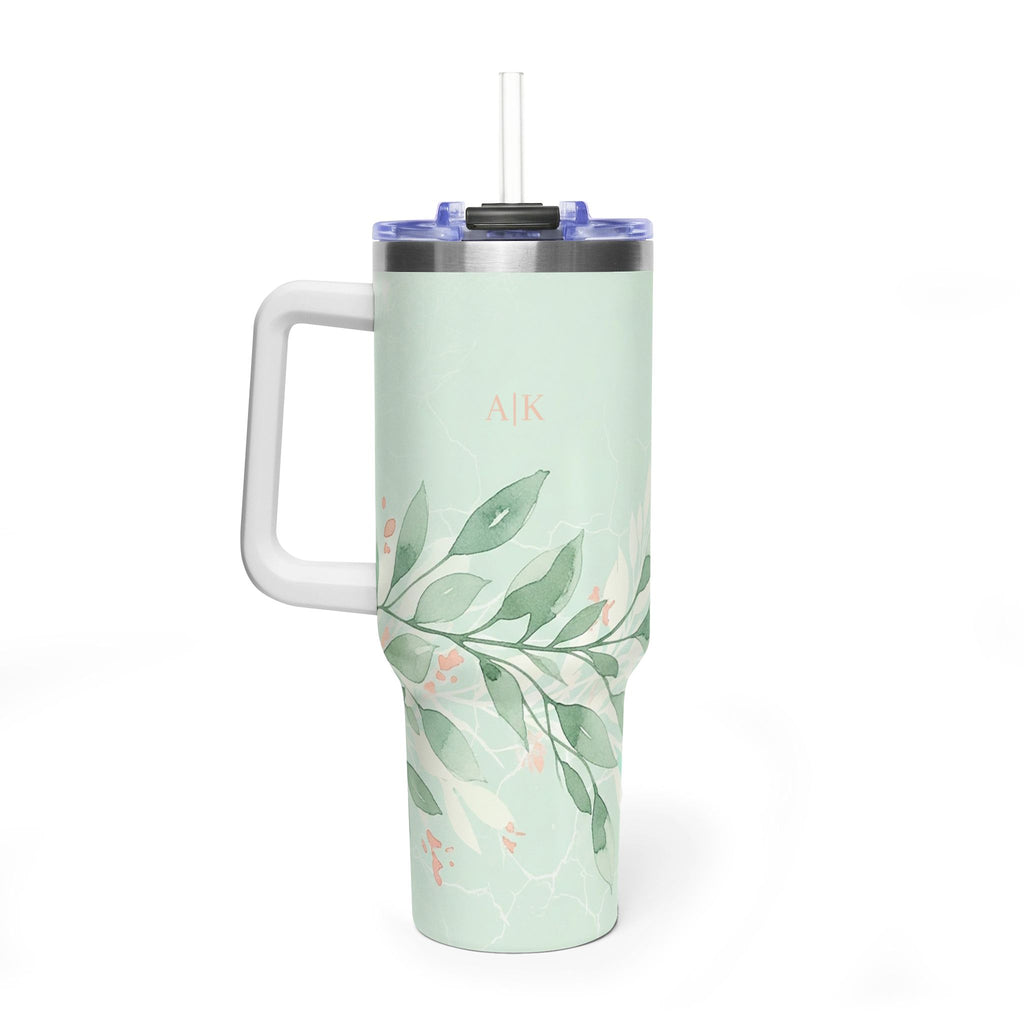 Personalized 40oz Tumbler with Handle - Sage Leaf Branch Custom Initials