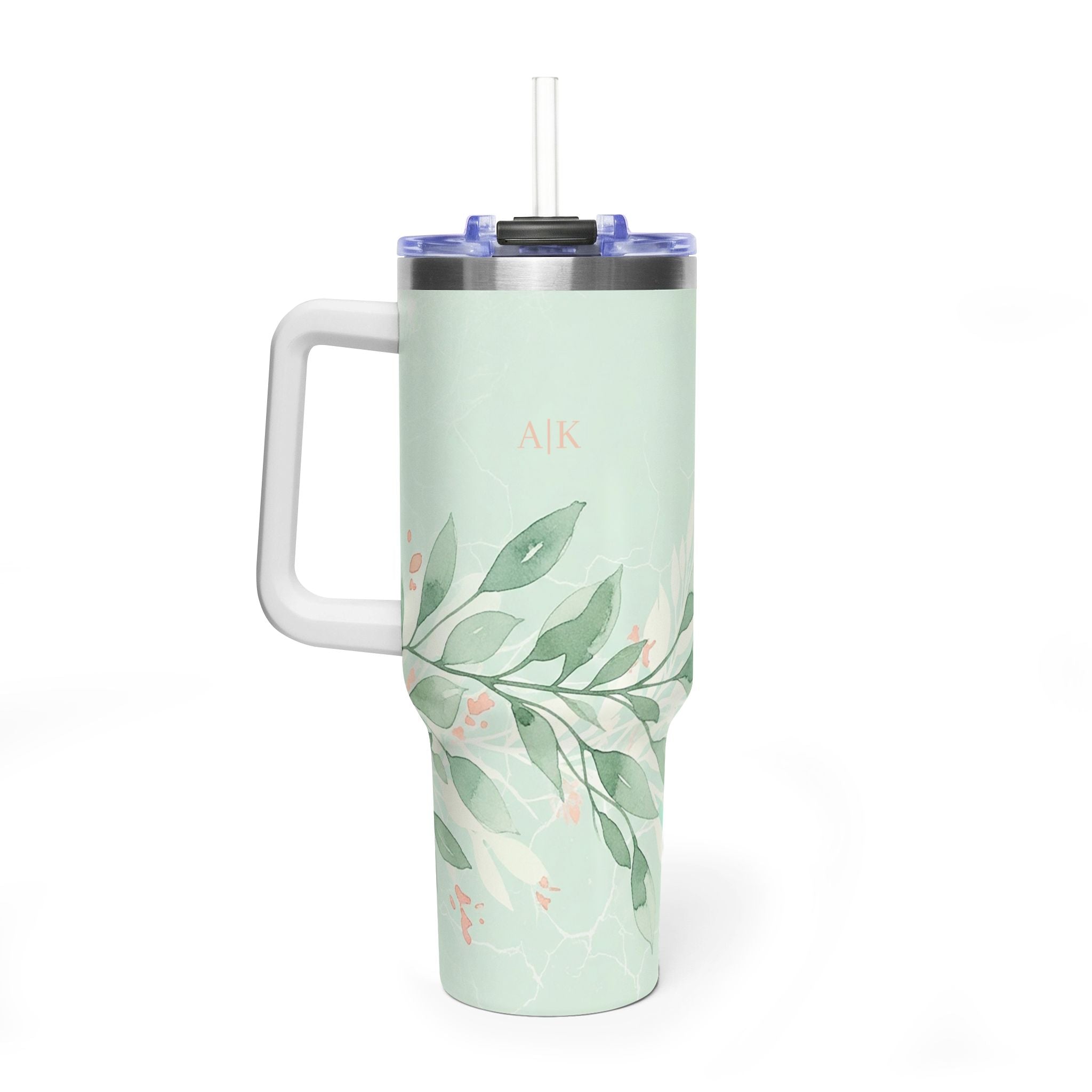 Personalized 40oz Tumbler with Handle - Sage Leaf Branch Custom Initials