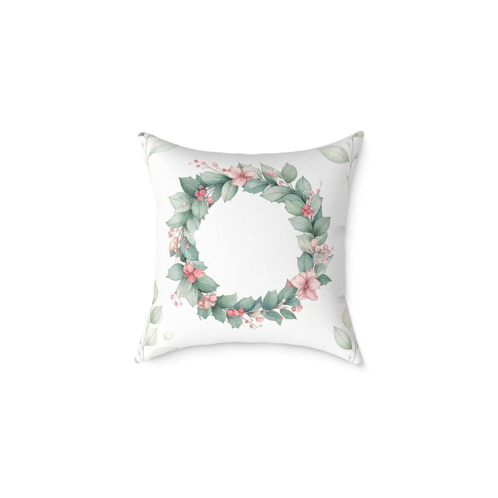 Back of the Merry Christmas couple pillow with a printed eucalyptus wreath