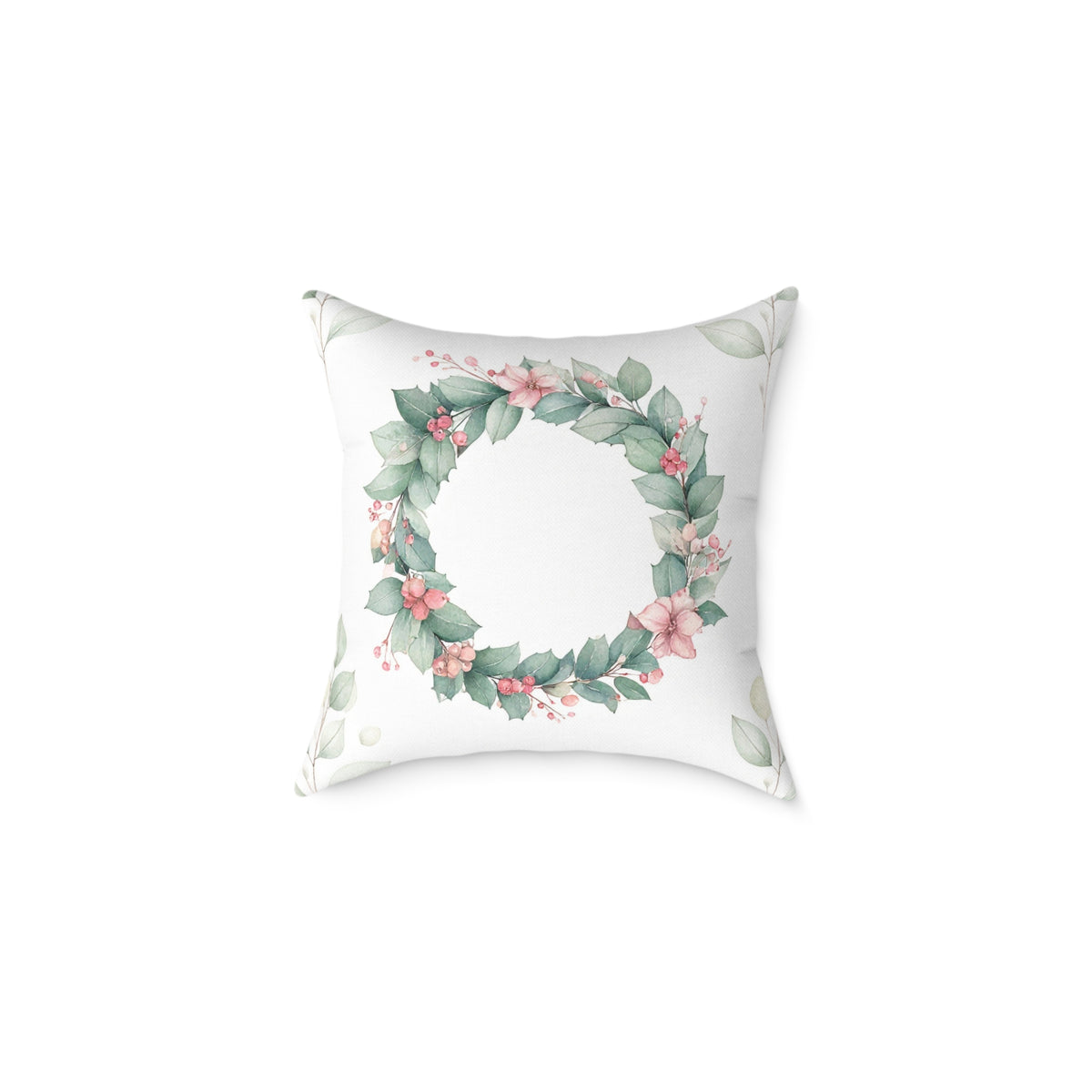 Back of the Merry Christmas couple pillow with a printed eucalyptus wreath