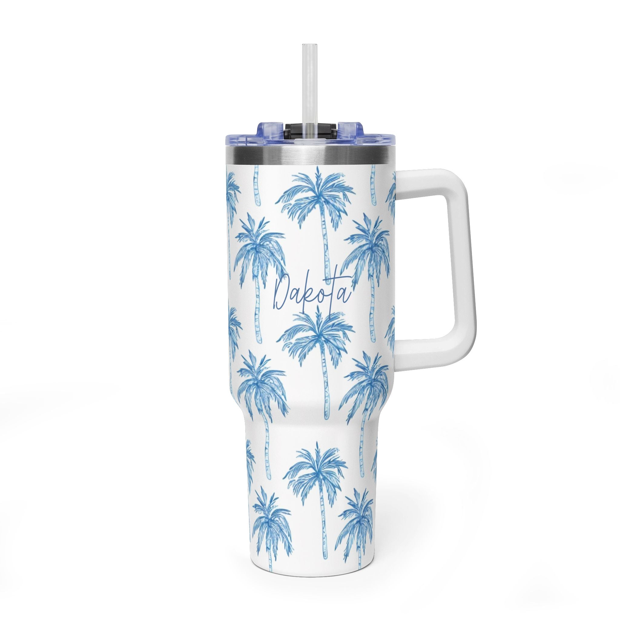 Personalized 40oz Tumbler with Handle - Blue Palm Tree Custom Name