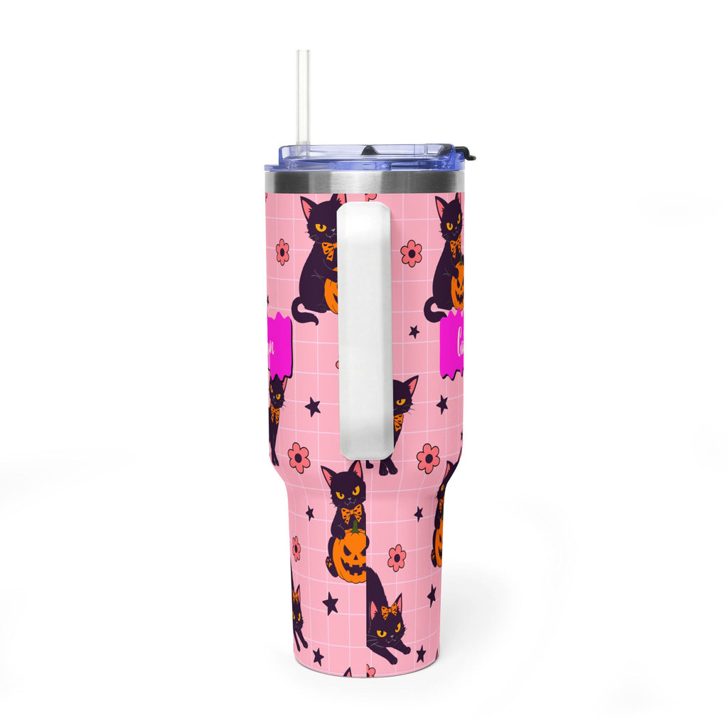Personalized 40oz Tumbler with Handle - Halloween Black Cat Custom Name