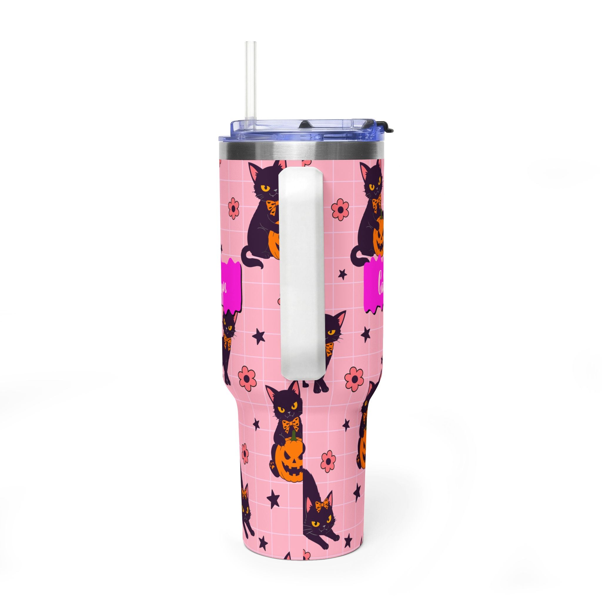 Personalized 40oz Tumbler with Handle - Halloween Black Cat Custom Name