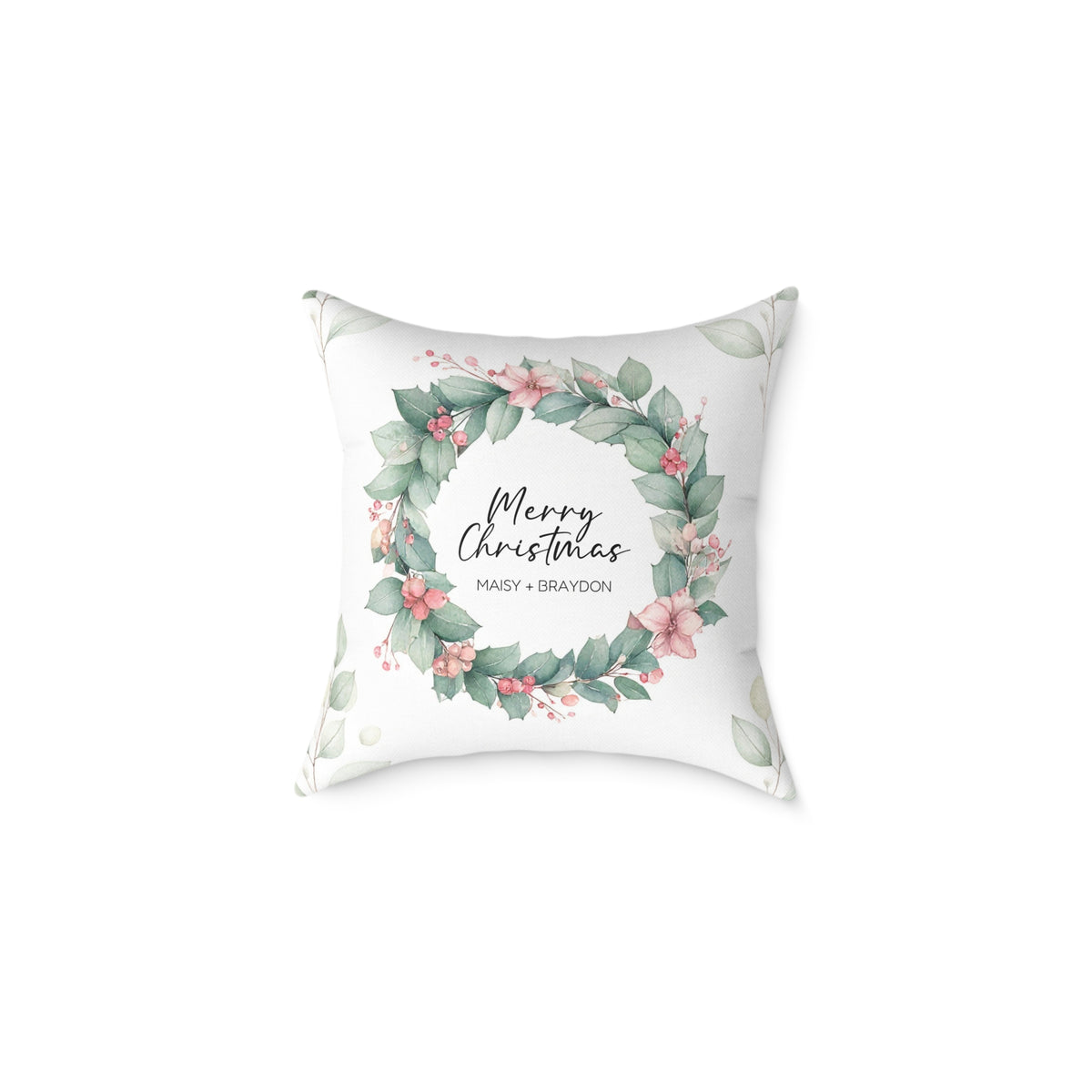 Personalized Merry Christmas eucalyptus wreath couple pillow, product photo