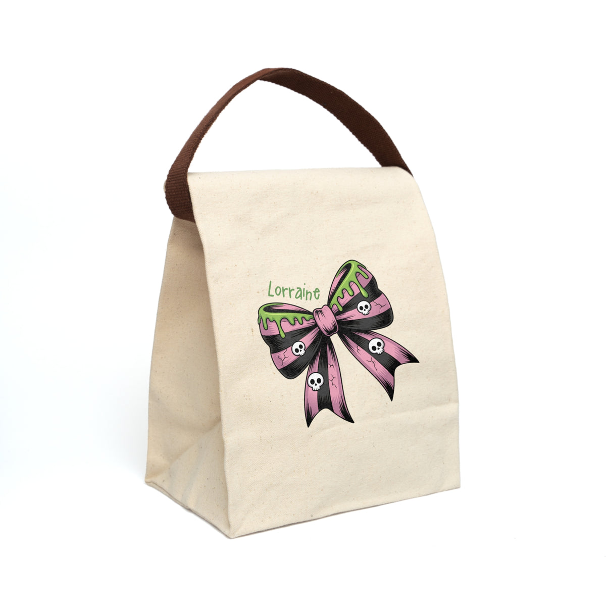 Personalized Halloween Skull Bow Canvas Lunch Bag - Pink Black