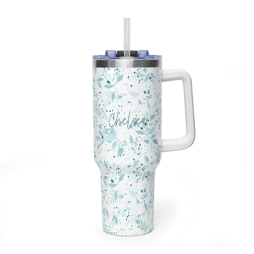 Personalized 40oz Tumbler with Handle - Sage Watercolor Leaf Custom Name