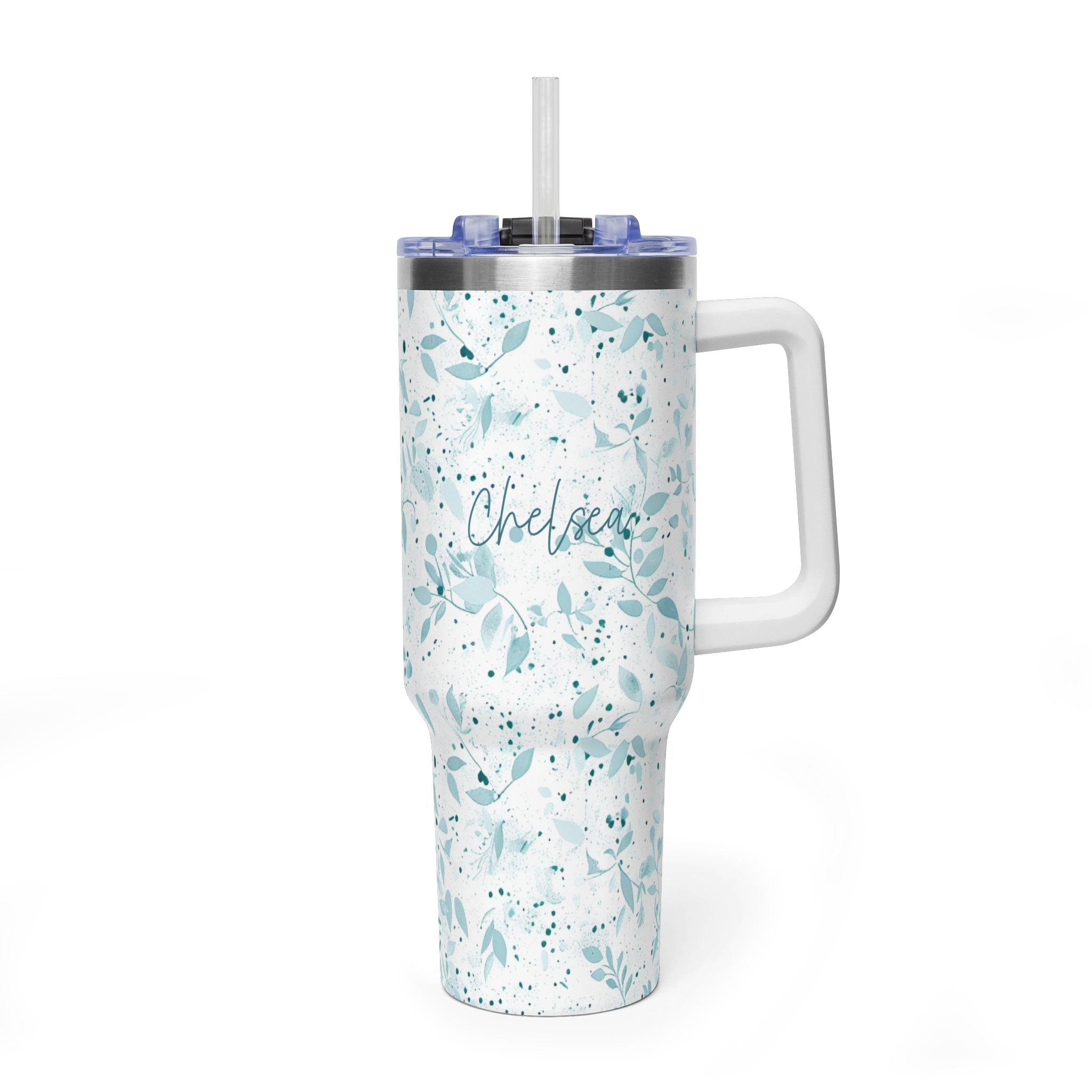 Personalized 40oz Tumbler with Handle - Sage Watercolor Leaf Custom Name