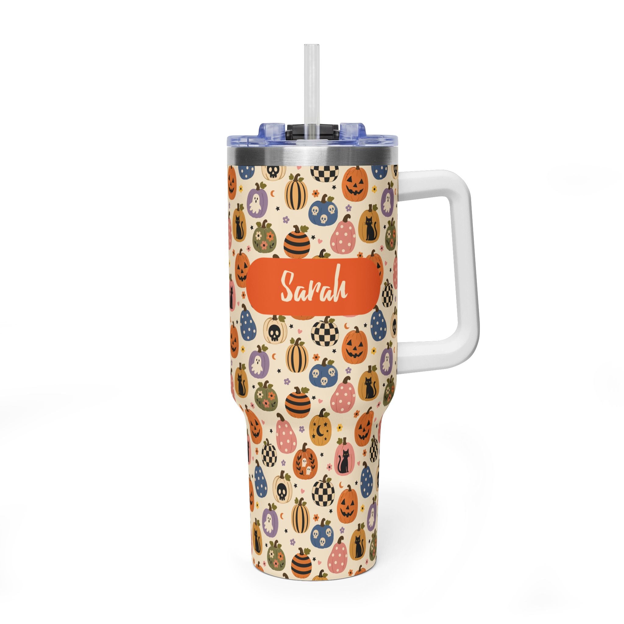 Personalized 40oz Tumbler with Handle - Halloween Pumpkin Custom Name